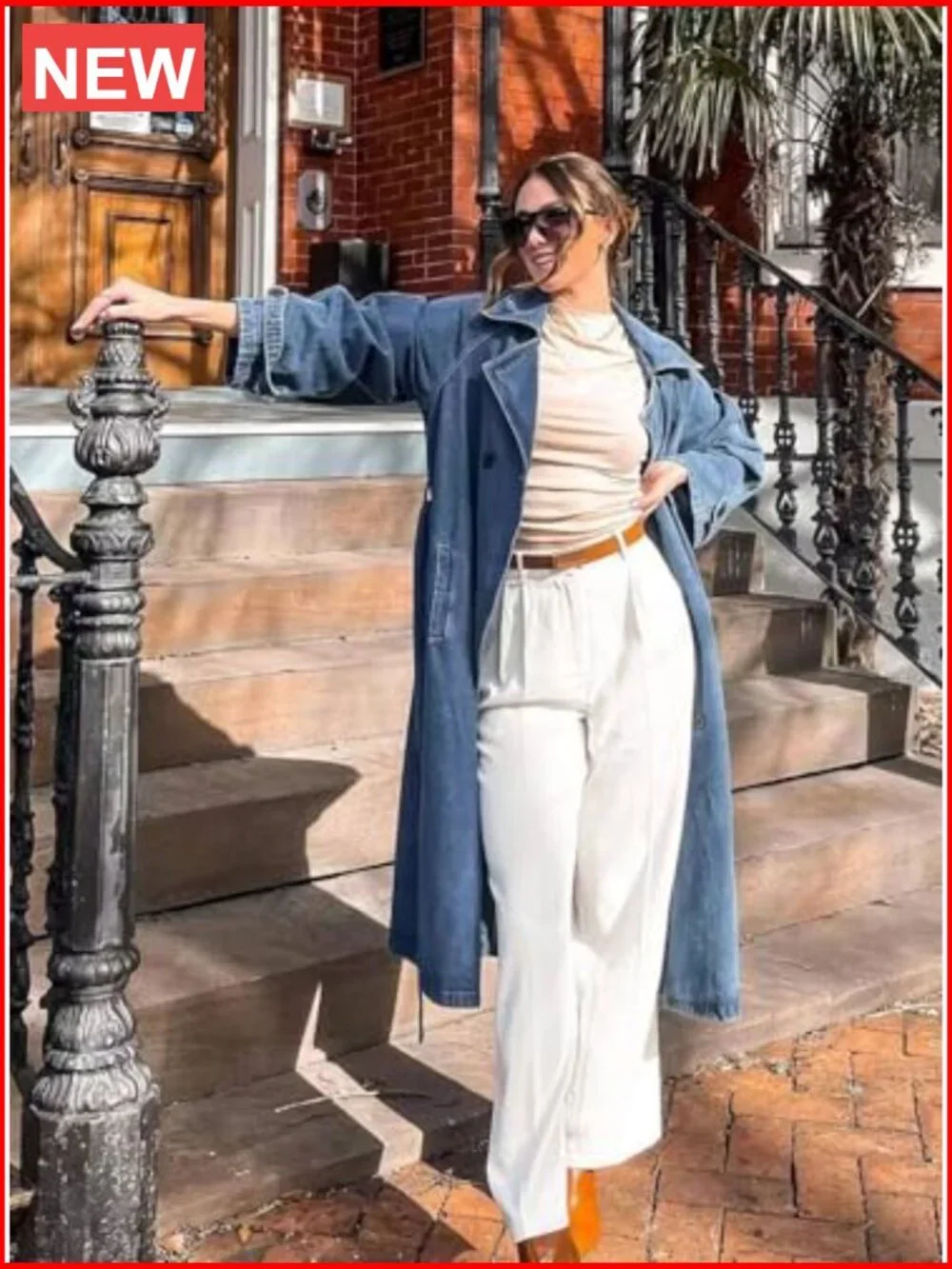 Vintage Notched Collar Double Breasted Plus Size Denim Jacket Trench Coat with - Picture 2 of 7